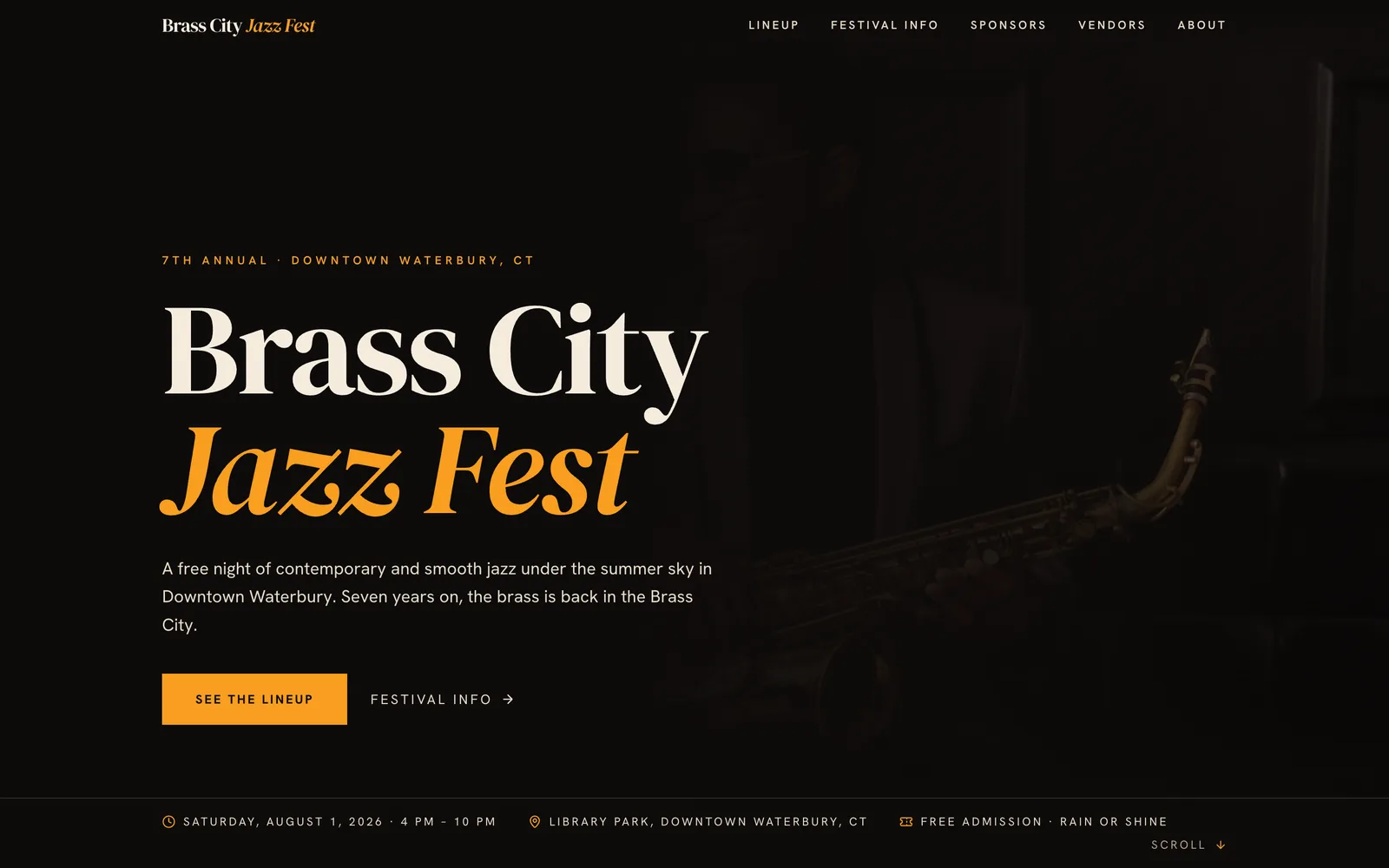The rebuilt Brass City Jazz Fest homepage: a saxophonist lit gold against a dark club, the festival name in marquee type, and a Lineup button