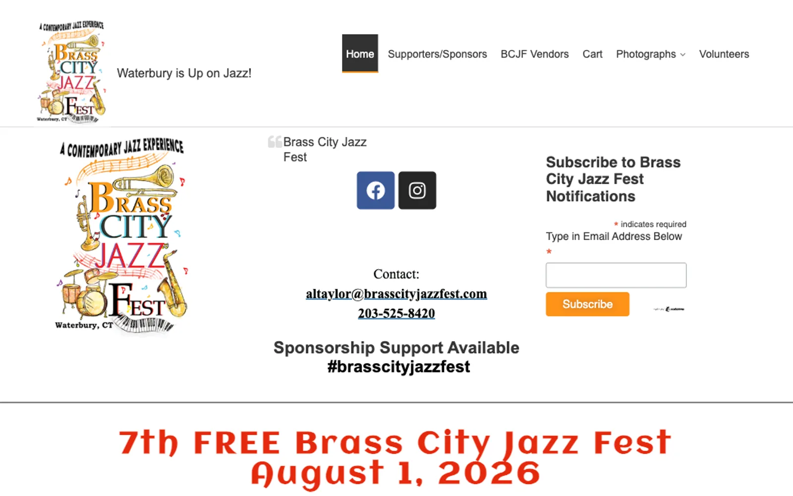The original Brass City Jazz Fest homepage on WordPress: a clip-art logo, a cluttered menu, and a newsletter box, with no artists in sight