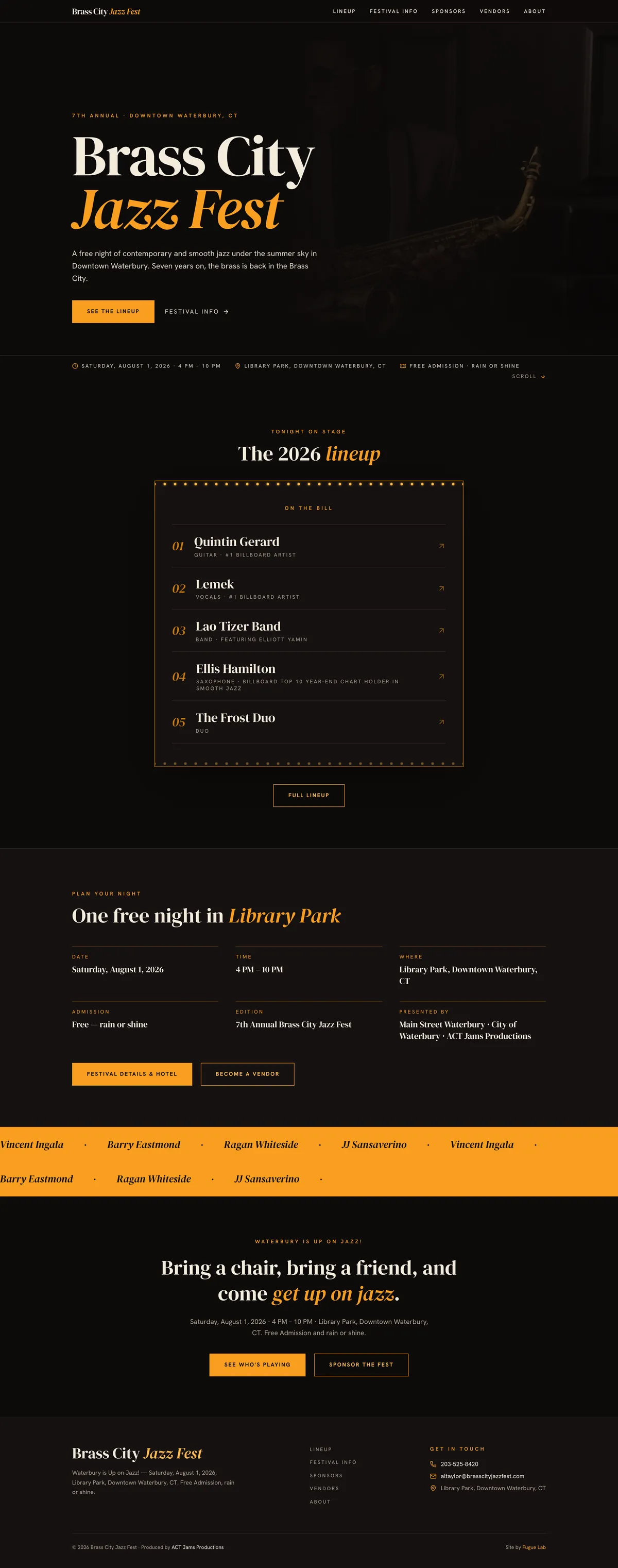 The full rebuilt Brass City Jazz Fest homepage, top to bottom: the gold-sax hero, the marquee lineup board, festival details, and sponsors