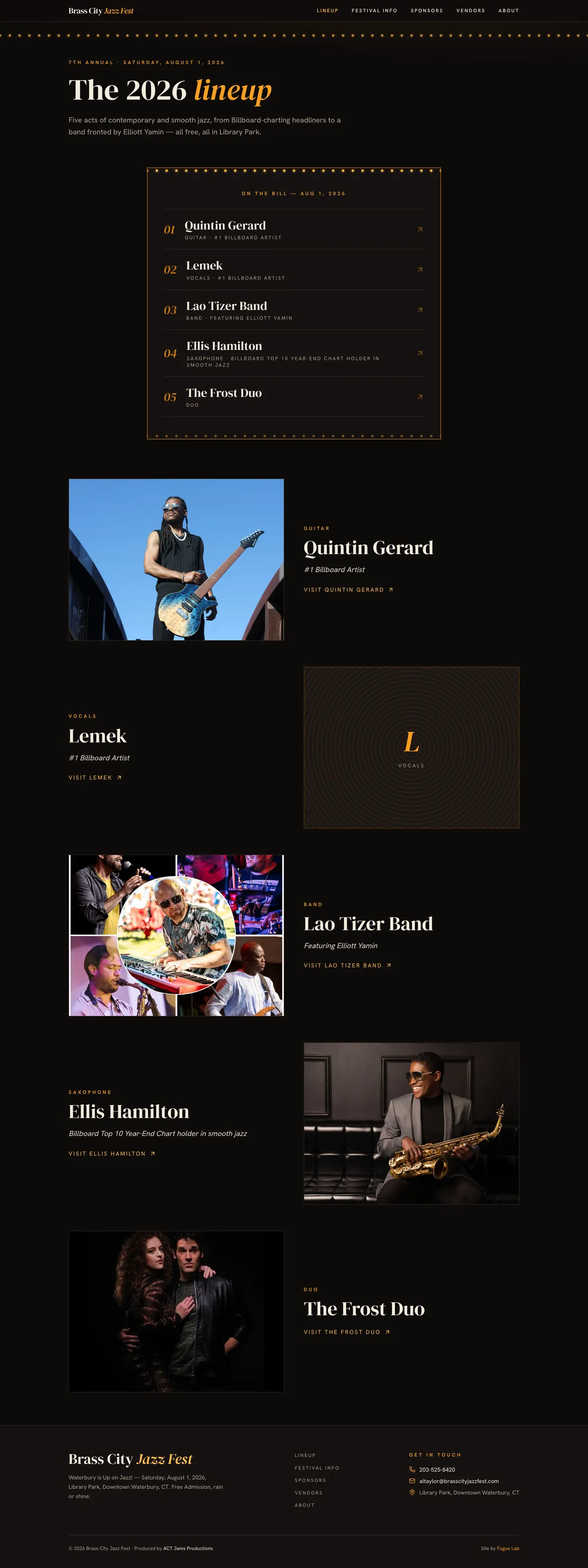 The full Lineup page: each 2026 artist as a billed marquee card with their instrument and Billboard billing