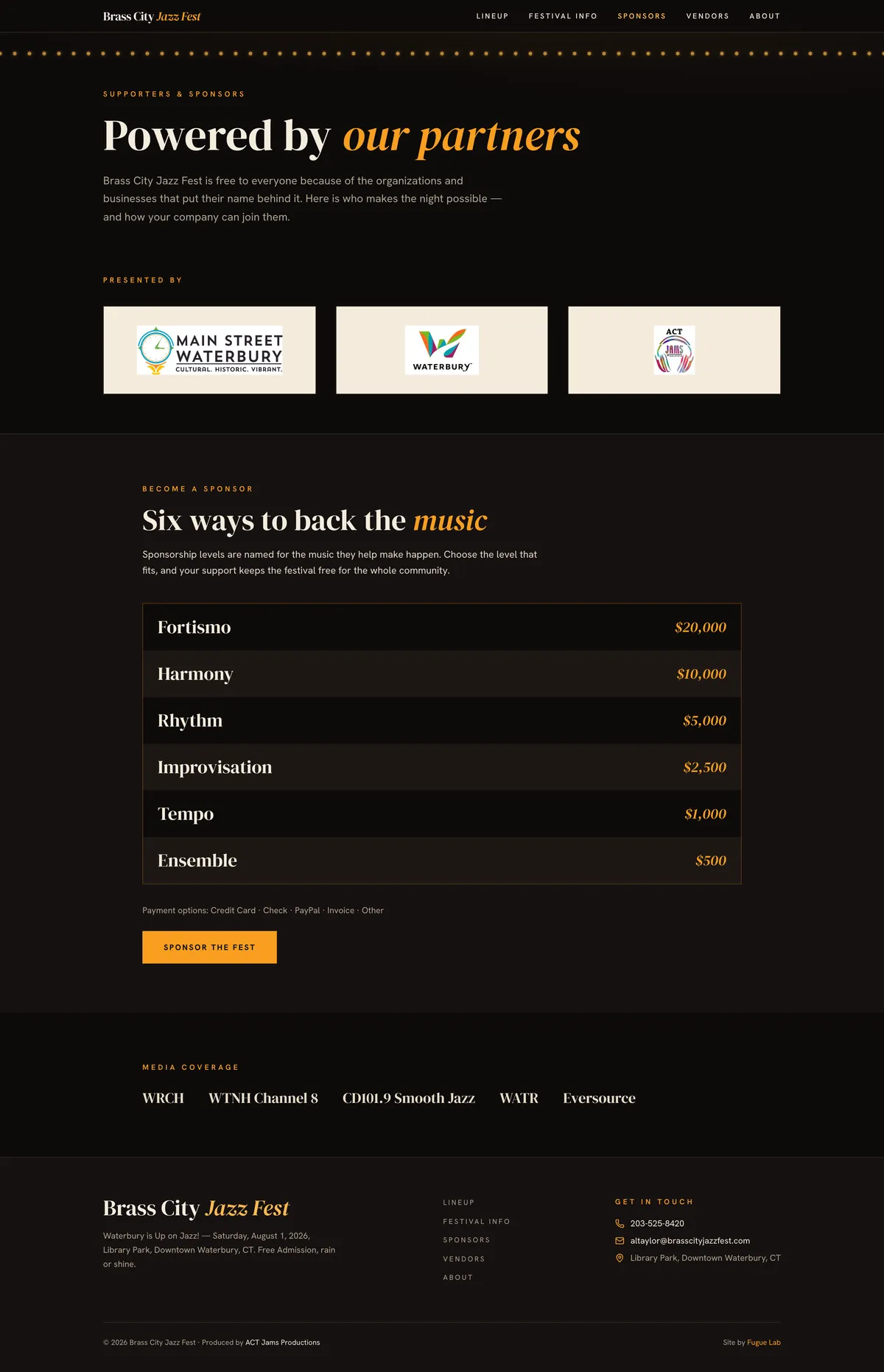 The full Sponsors page, now loading: presenting partners, supporters, and clear sponsorship levels