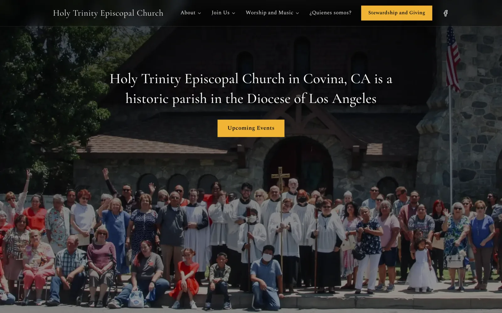 The rebuilt Holy Trinity Covina homepage: a clean navigation bar over the congregation gathered outside the church, with a headline and an Upcoming Events button