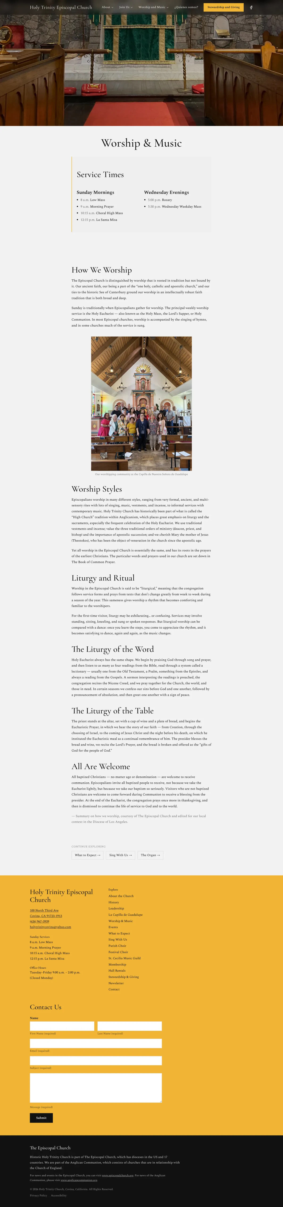 The full Worship and Music page: service times, how we worship, the liturgy explained, and a contact form
