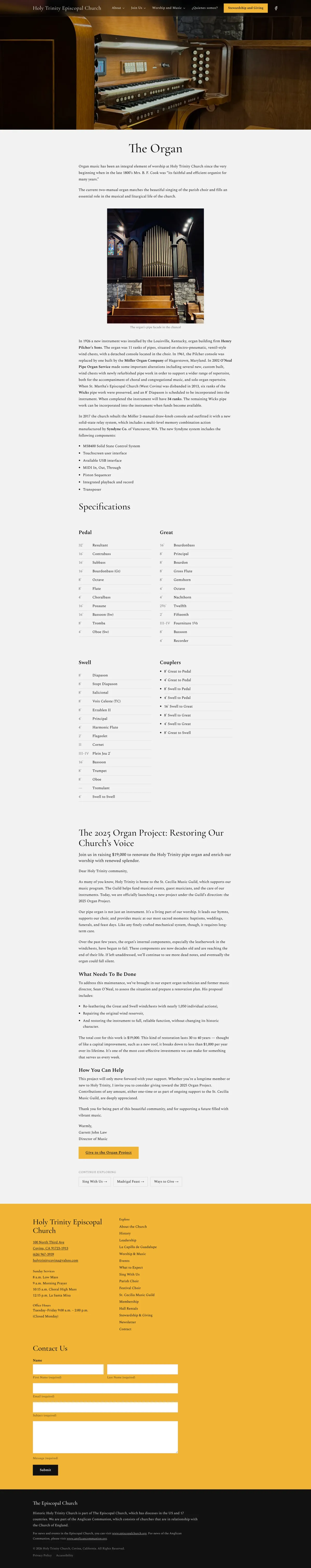 The full Organ page: the instrument, its specification, and its history