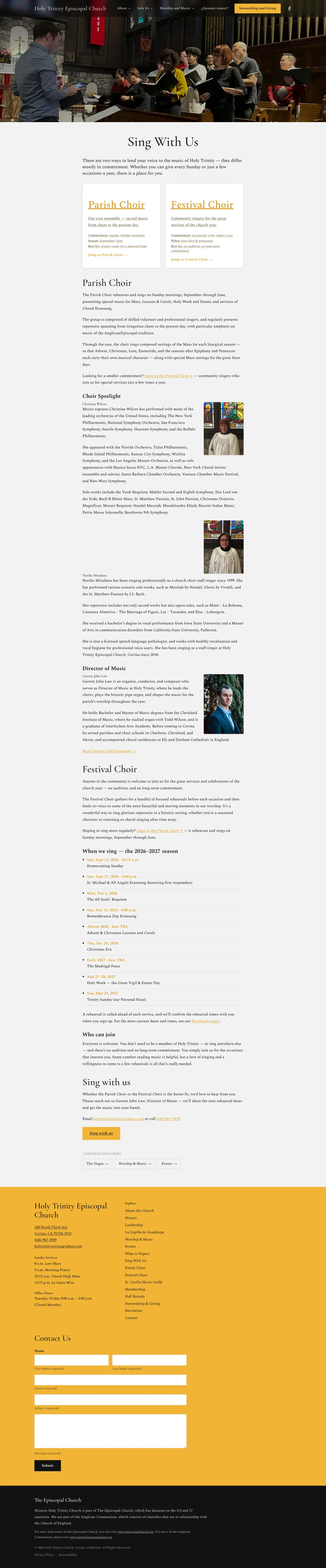 The full Sing With Us page: the choir mid-rehearsal, the parish and festival choir options, and how to join