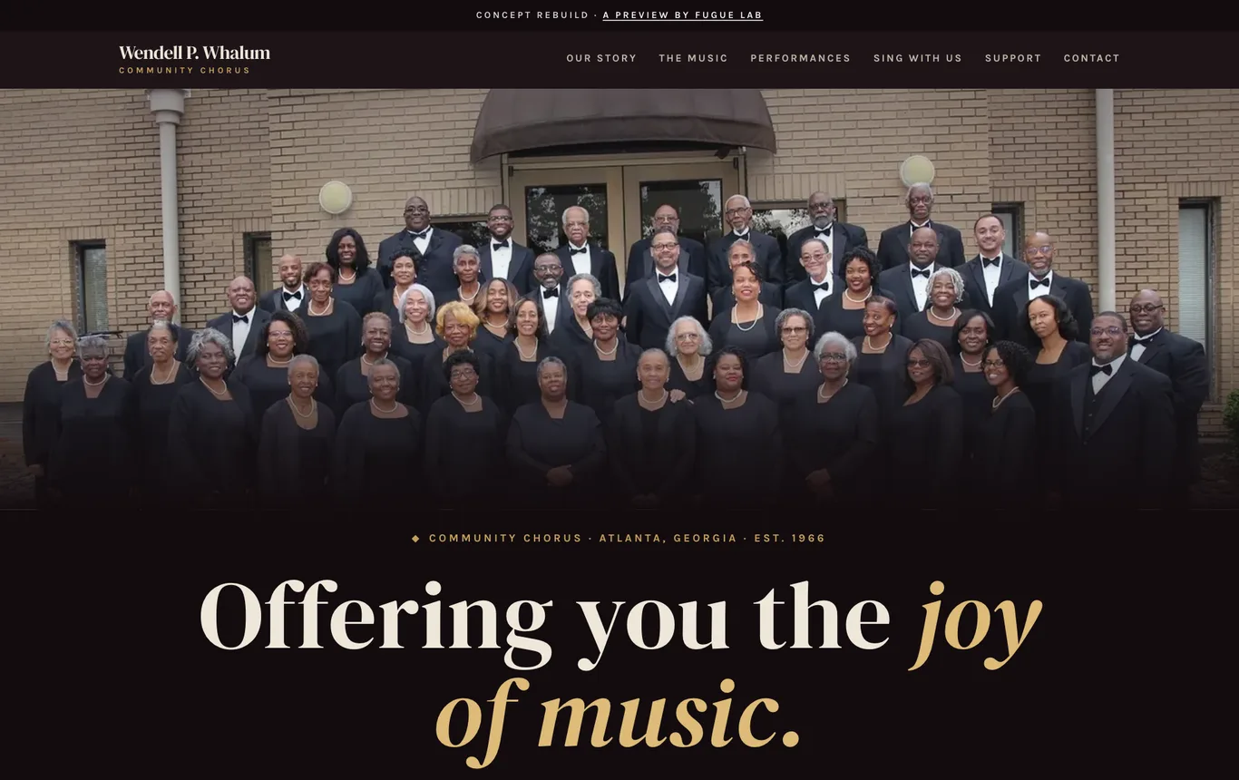 The rebuilt homepage: the full chorus in concert dress behind a warm scrim, the line Offering you the joy of music in gold, and a button to the performances