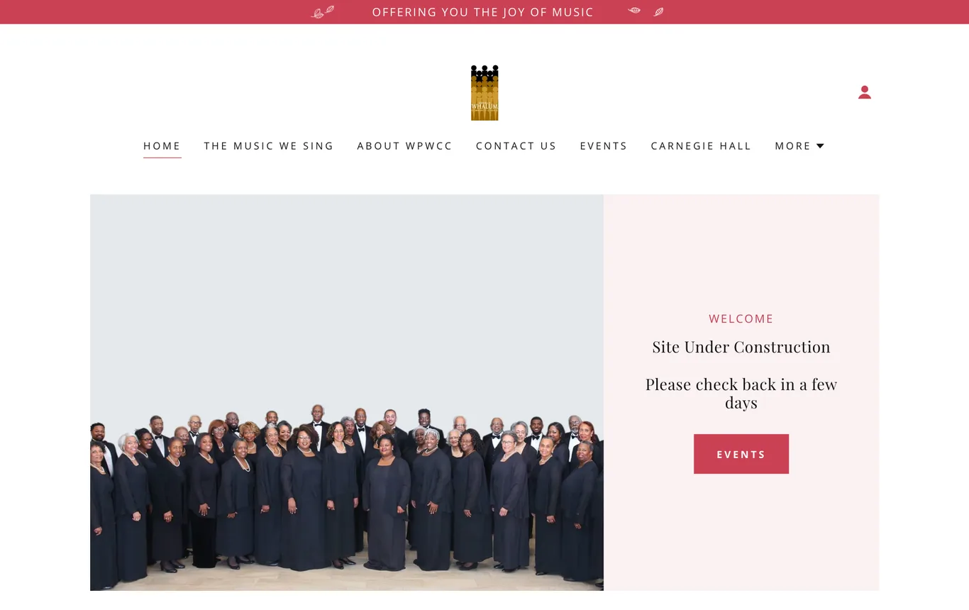 The original Wendell P. Whalum Community Chorus homepage on GoDaddy: a stock template with a pink box reading Site Under Construction, please check back in a few days