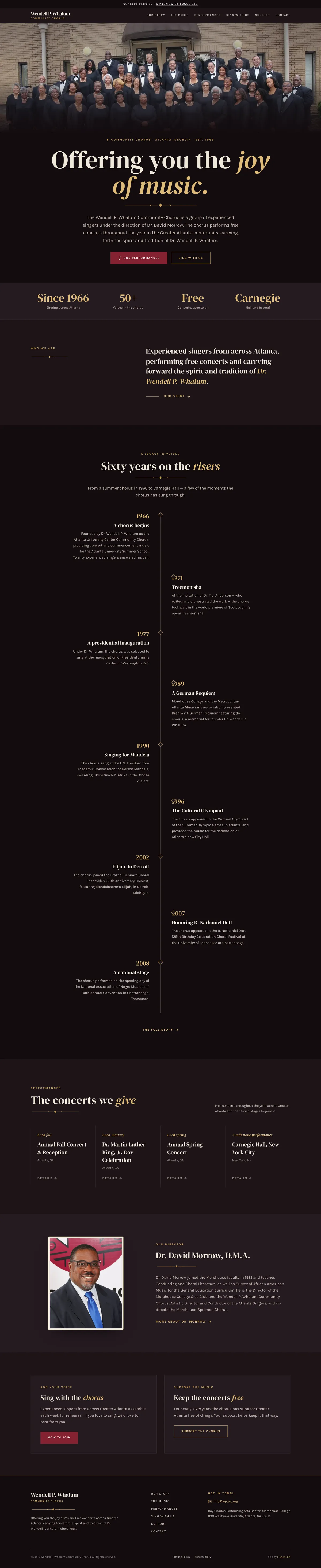 The full rebuilt homepage, top to bottom: the cinematic choir hero, the Heritage Timeline from 1966 to Carnegie Hall, the performances, and the director feature
