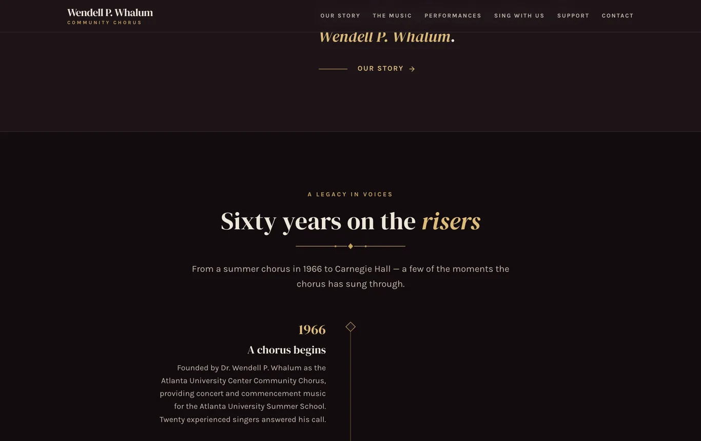 The Heritage Timeline section: a gold-spined chronology of the chorus's milestones from 1966 to Carnegie Hall
